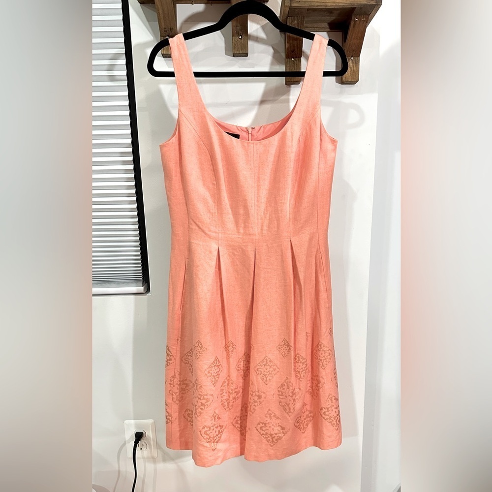 Nine West Linen Blend Coral Gold Stamped Design Pocket Dress 8